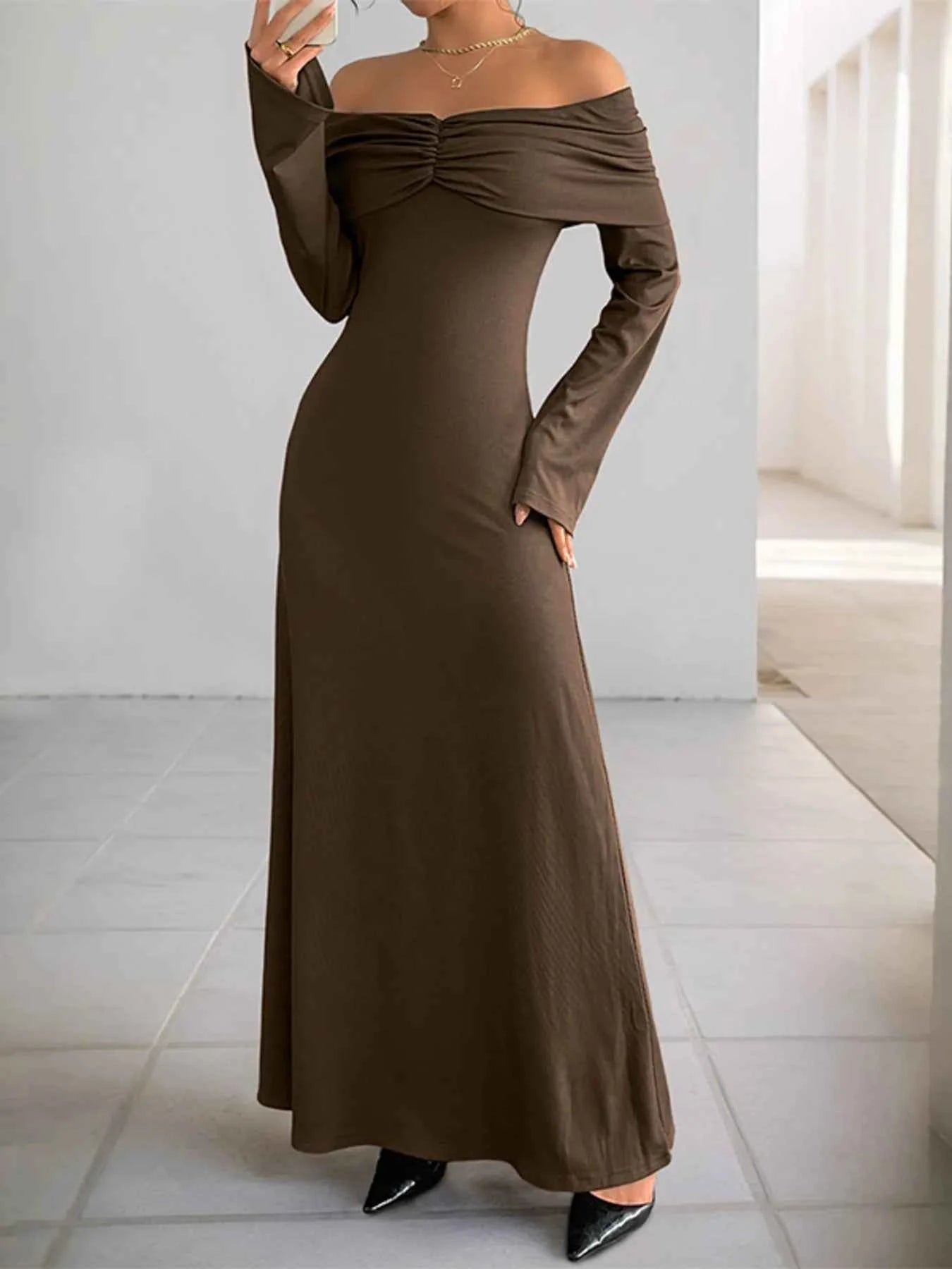 Off-Shoulder Long Sleeve Bodycon Maxi Dress