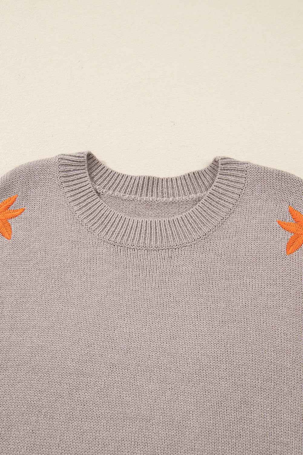 Simply Taupe Embroidered Floral Sleeve Round Neck Loose Sweater