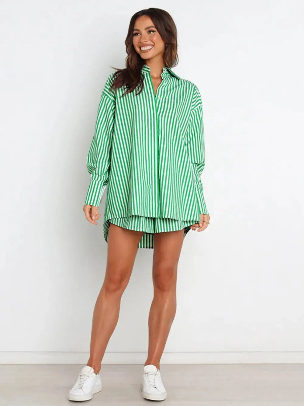 Striped Dropped Shoulder Shirt and Shorts Set.