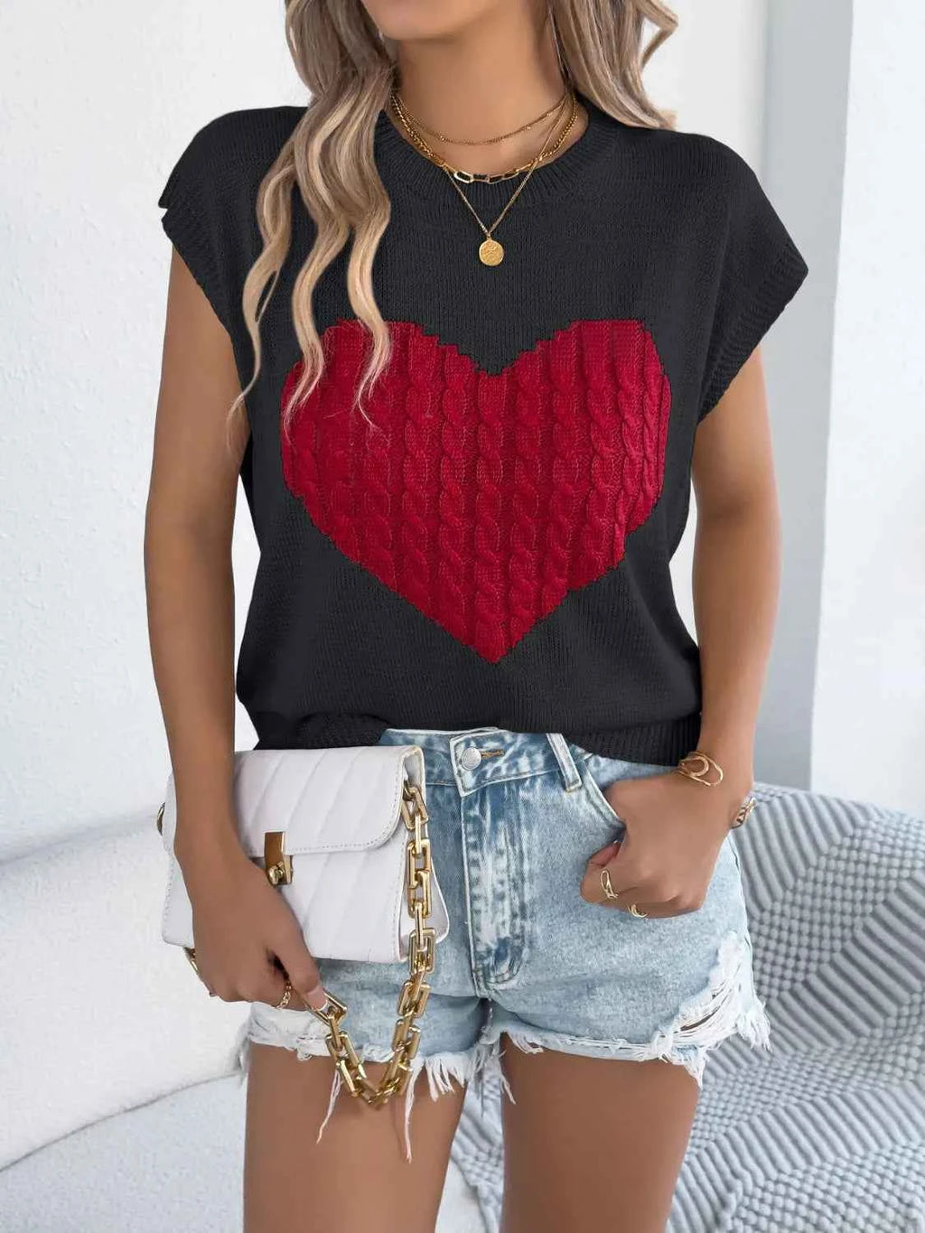 Cable Knit Heart Round Neck Cap Sleeve Knit Top.