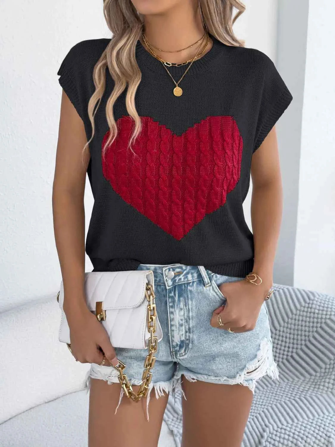 Cable Knit Heart Round Neck Cap Sleeve Knit Top.