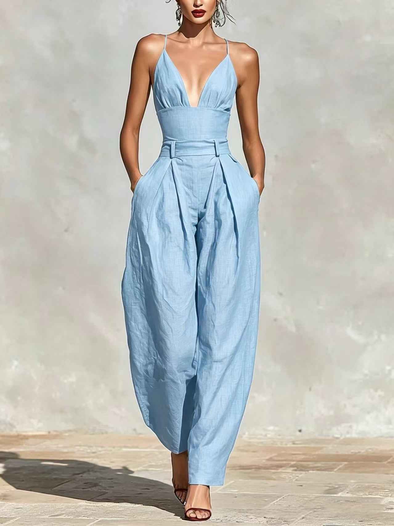 Linen Straight-leg Sleeveless Crew-neck Minimalist Elegant Jumpsuit