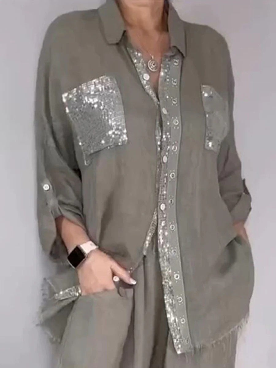 New Fashion Casual Women's Set with Pocket Placket and Gold Embellished Round Neck Design eprolo