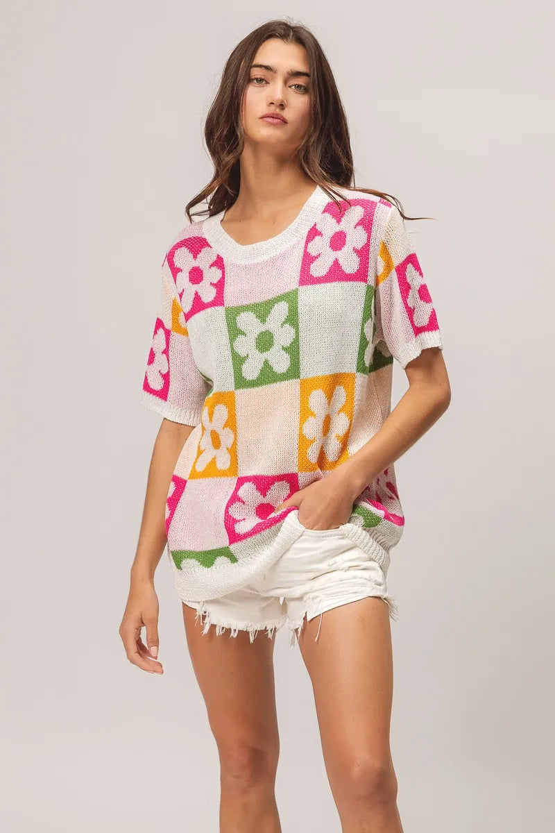 Flower Checker Pattern Lightweight Sweater Top.
