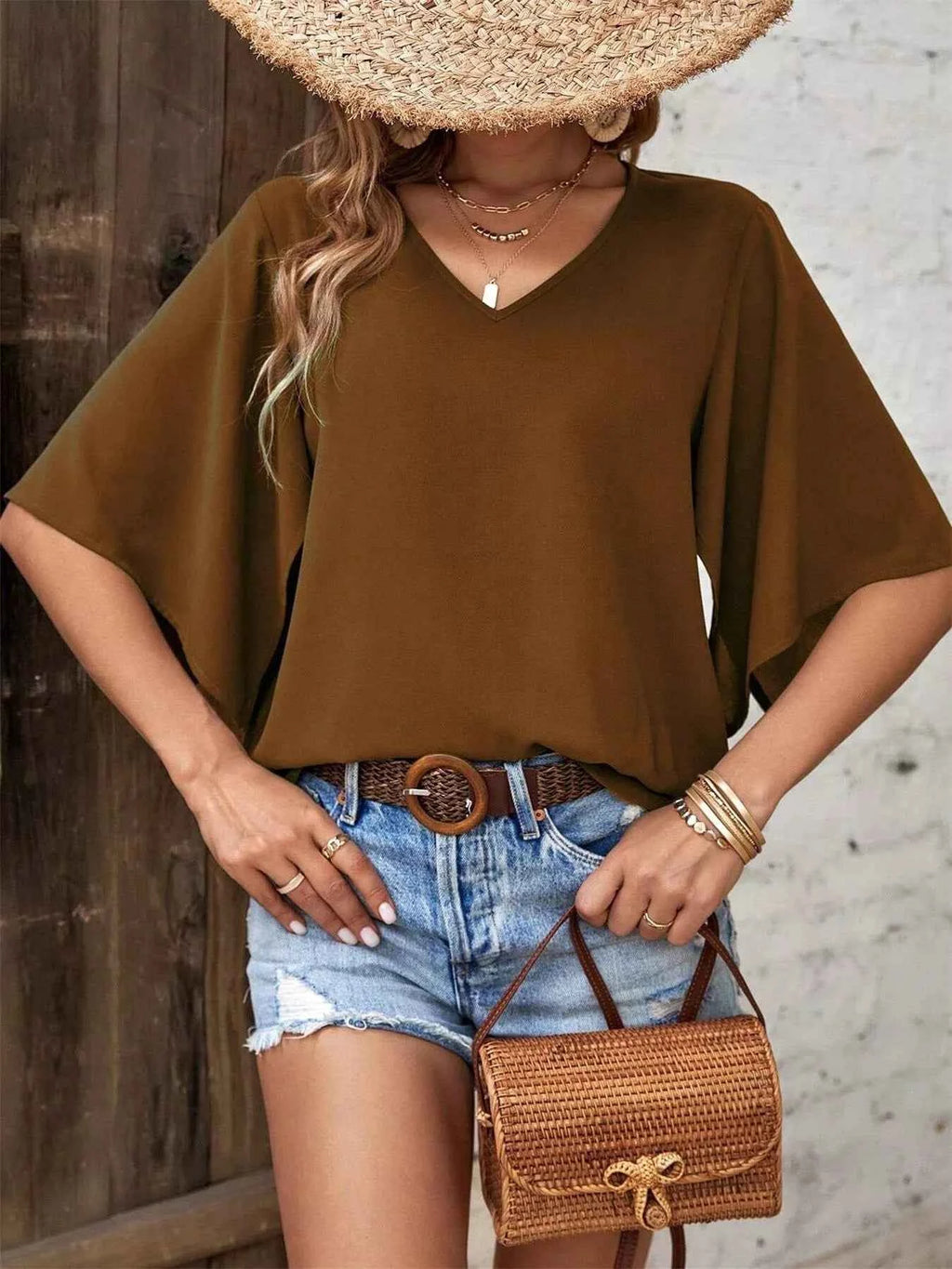 V-Neck Flutter Sleeve Blouse.