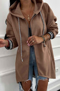 Dark Khaki Contrast Cuffed Drop Shoulder Zip up Tunic Hoodie