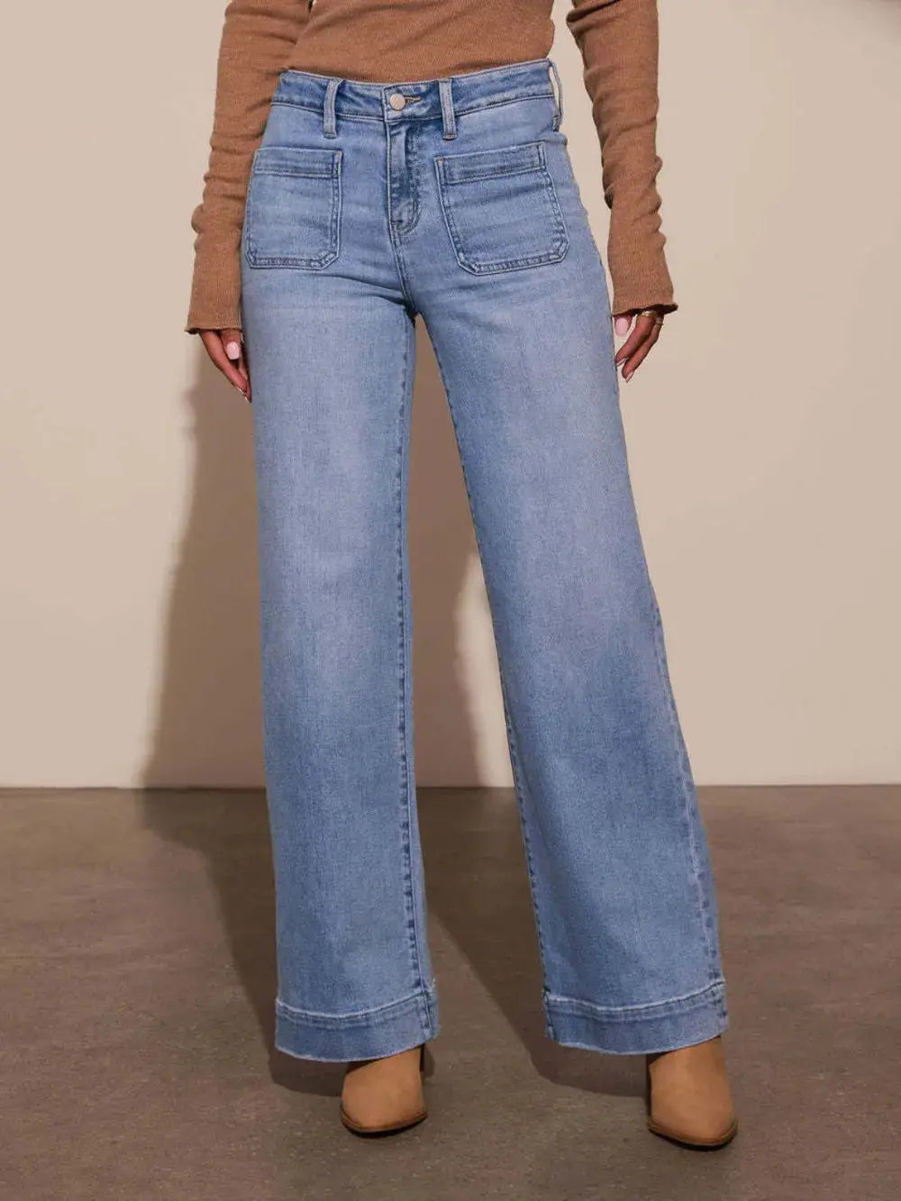 High Rise Front Pocket Patch Wide Leg Jeans.