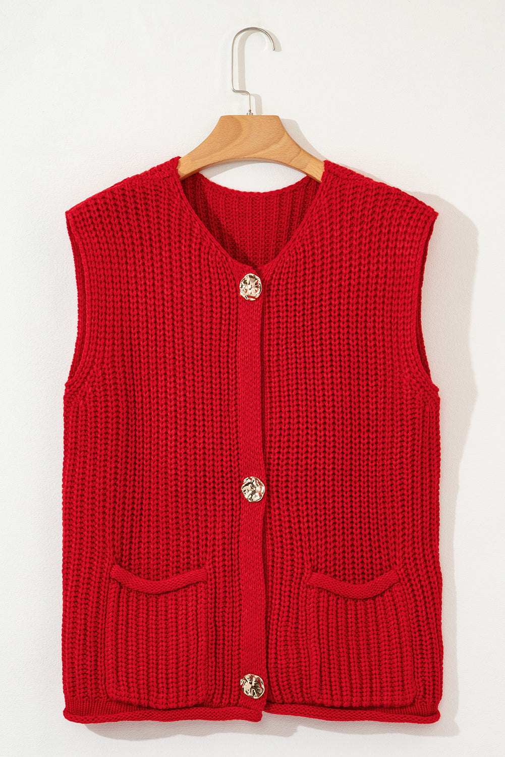 Fiery Red Solid Textured Knit Side Pockets Buttoned Sweater Vest Dear-Lover Dropshipping
