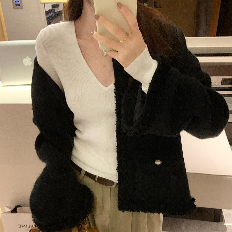 V-Neck Lazy Style Knitted Sweater for Women,Soft Long Sleeve Top, Inner Layer Basic Shirt