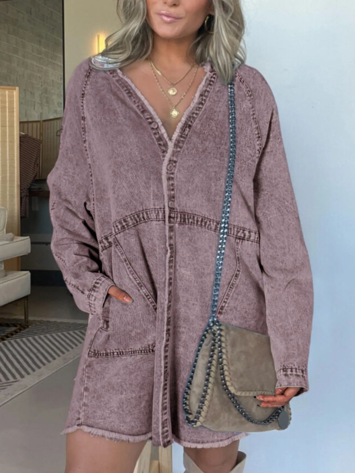 Full Size Button-Front Long Sleeve Denim Shirt Dress Plus Size.