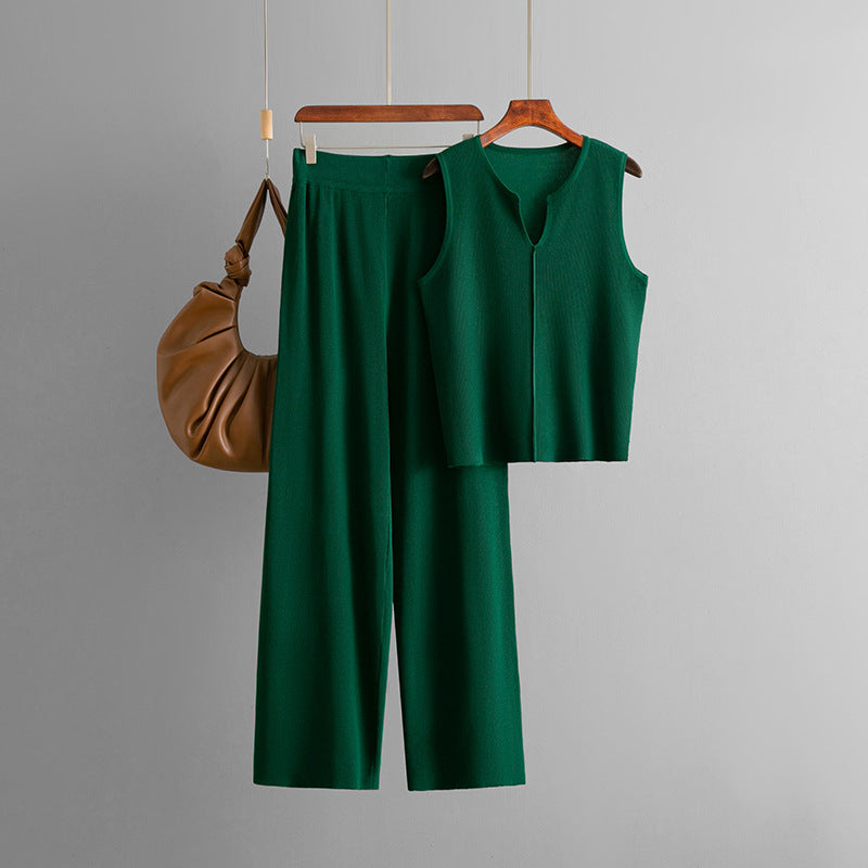 Sleeveless Knit Top Set Wide Leg Pants Two-Piece Set for Women