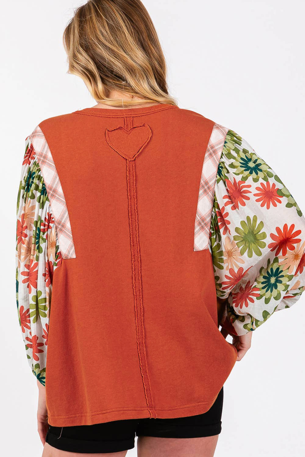 Desert Gold Floral Puff Sleeve Patchwork Round Neck Blouse Dear-Lover Dropshipping