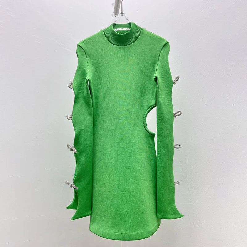 y2k summer rhinestone bow long-sleeved knit Women's dresses sexy hollow waistless package hipformal occasion dresses