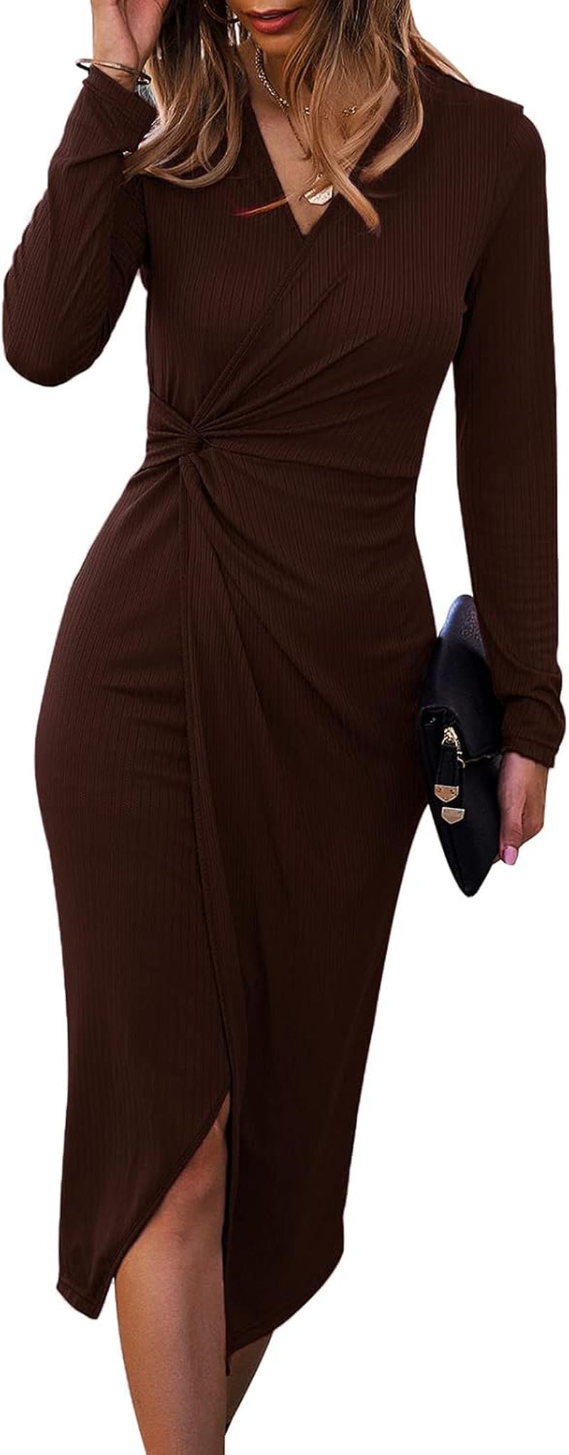 SHIBEVER Women'S Long Sleeve Dress: Midi Casual V Neck Twist Waist Ribbed Knit Bodycon Slit Cocktail Party Dresses