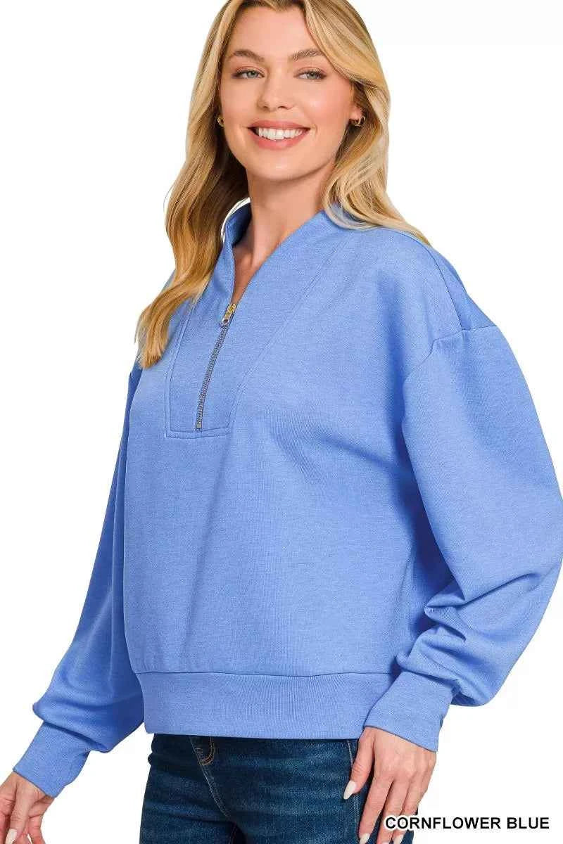 Zenana Scuba Half Zip Drop Shoulder Sweatshirt
