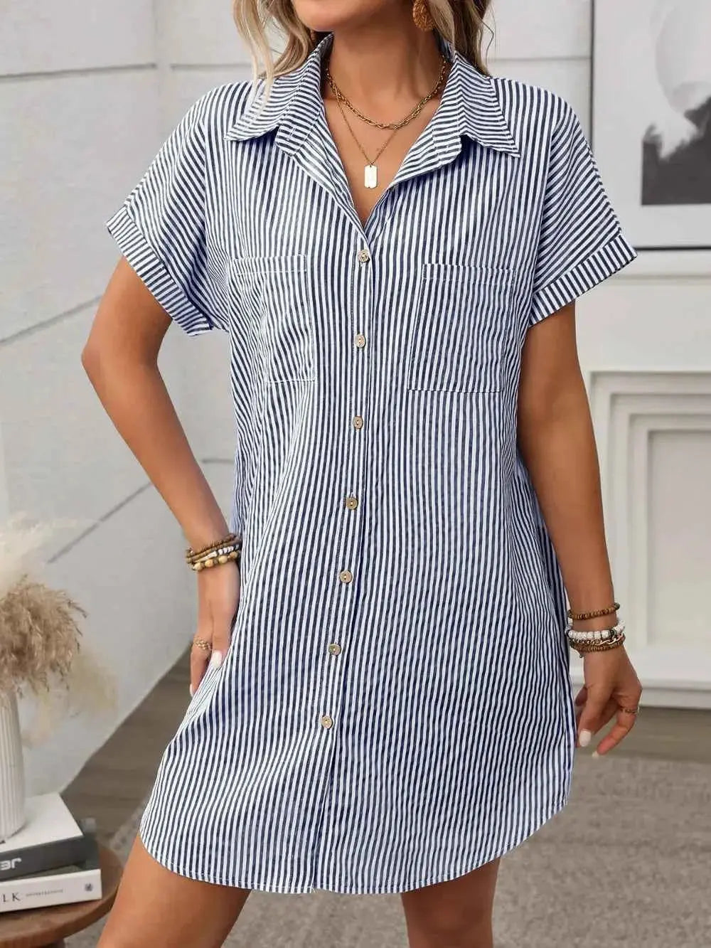 Striped Button Down Short Sleeve Mini Dress.