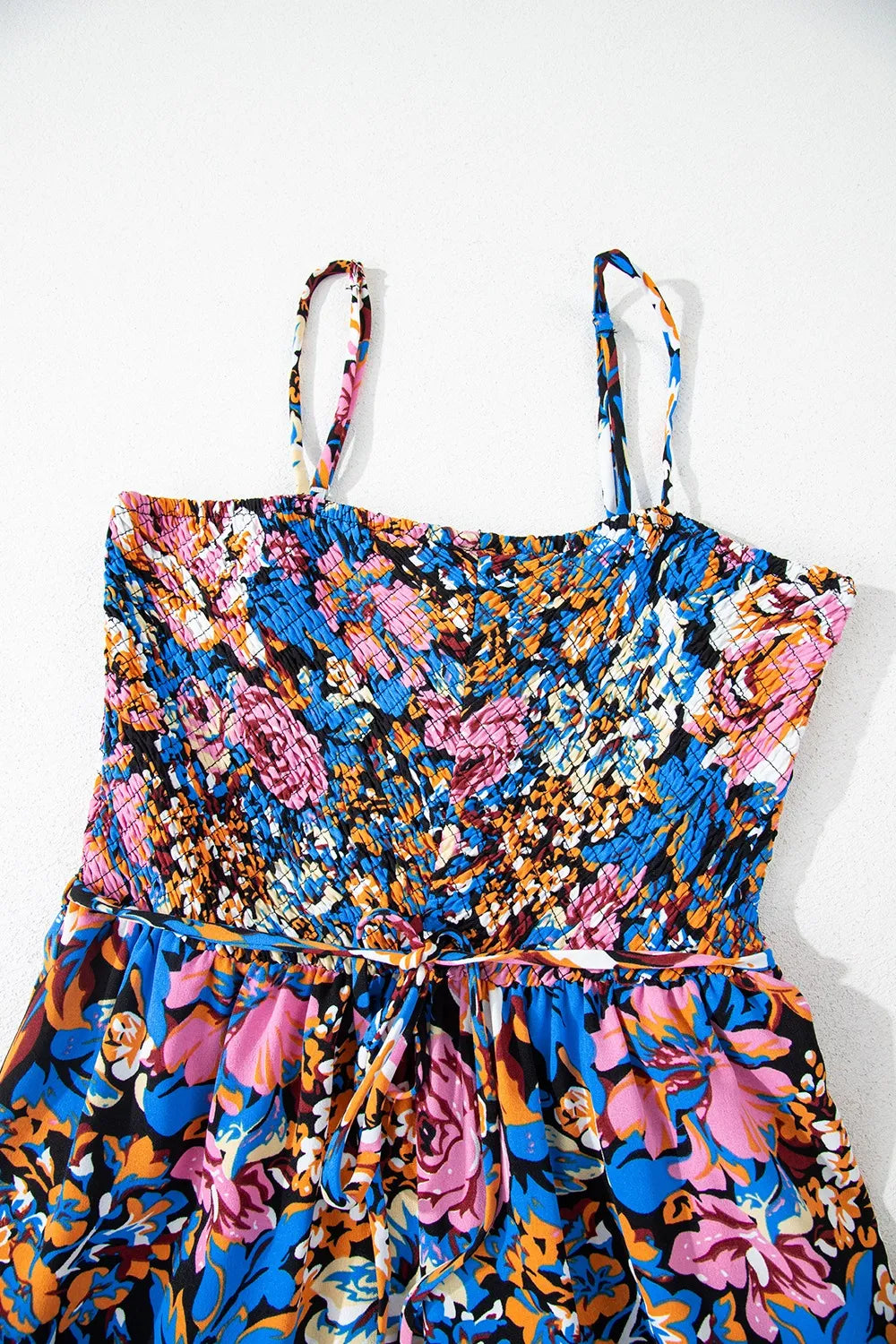 Floral Smocked Spaghetti Straps Wide Leg Jumpsuit - CHIC TB