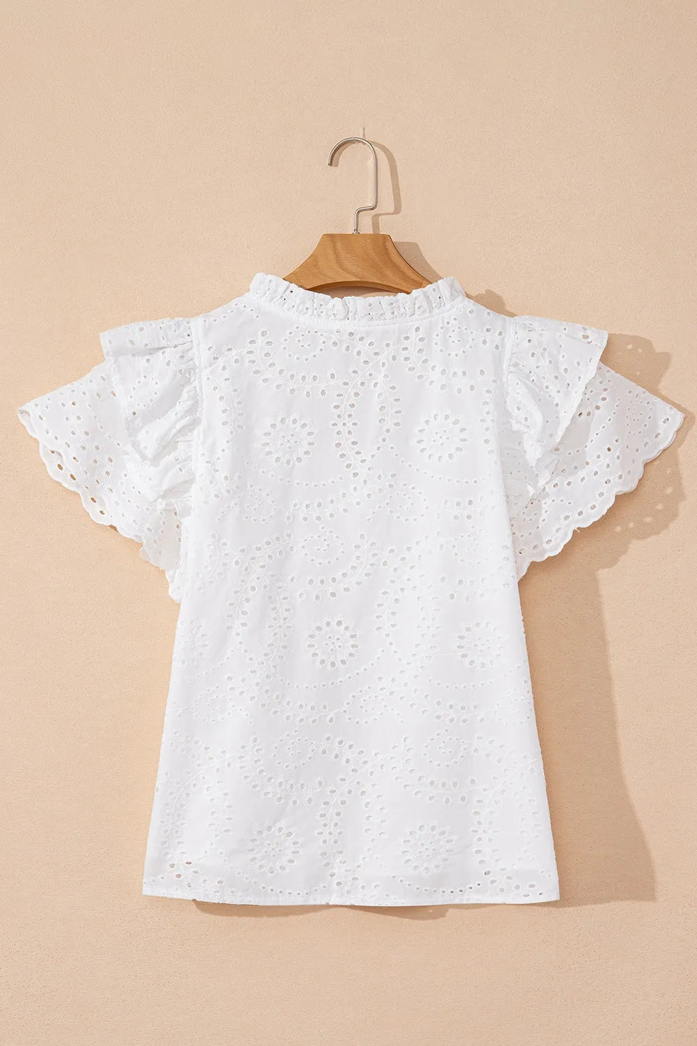 Eyelet Notched Short Sleeve Blouse.