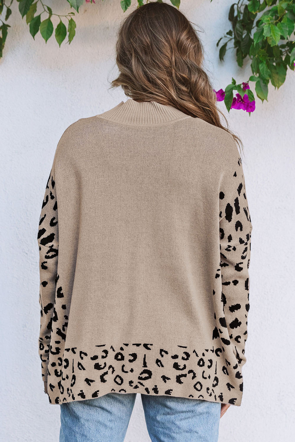 Khaki Leopard High Neck Side Slit Oversized Sweater Dear-Lover Dropshipping
