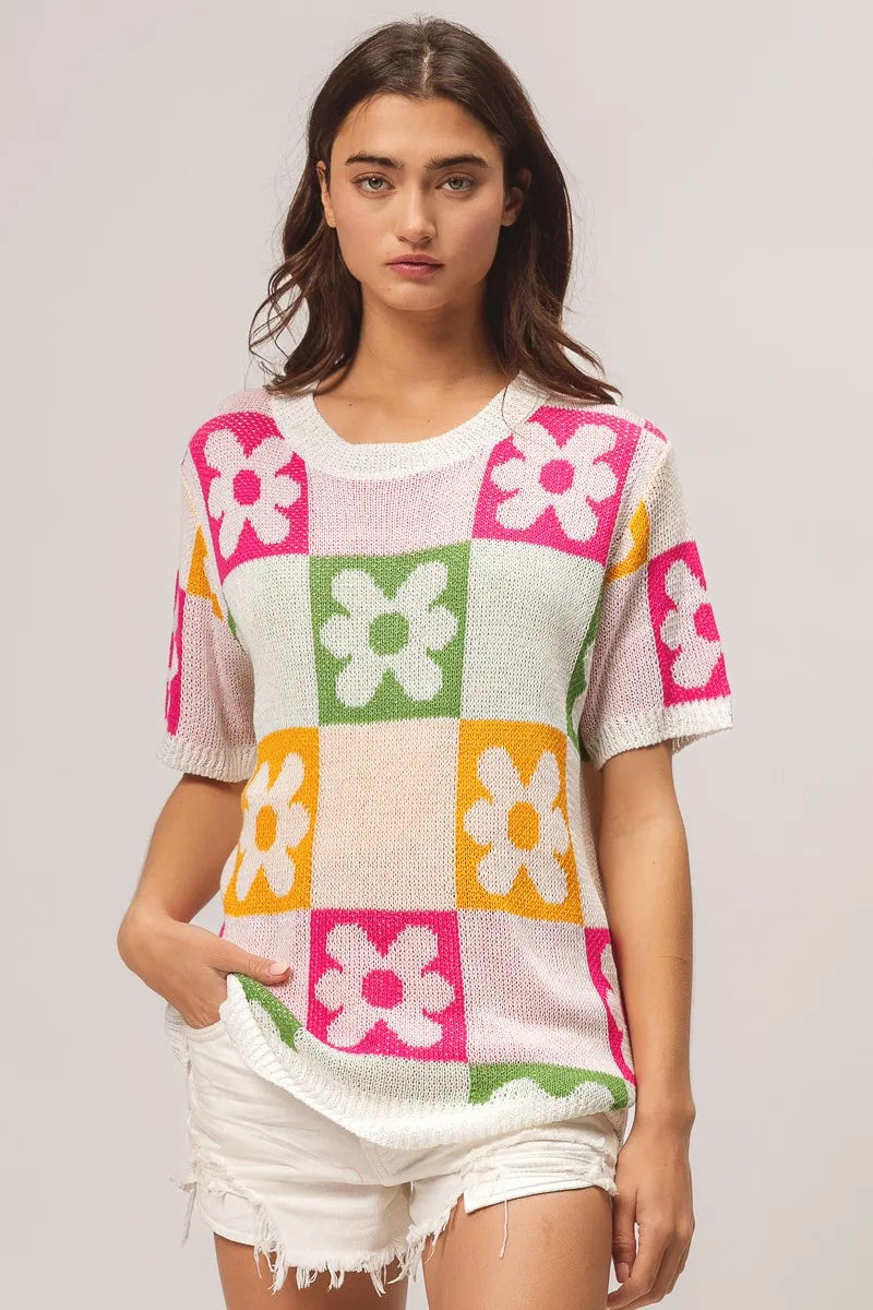 Flower Checker Pattern Lightweight Sweater Top.