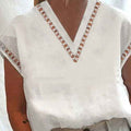 Womens Hollow-Out Cotton-Linen V-Neck Shirt
