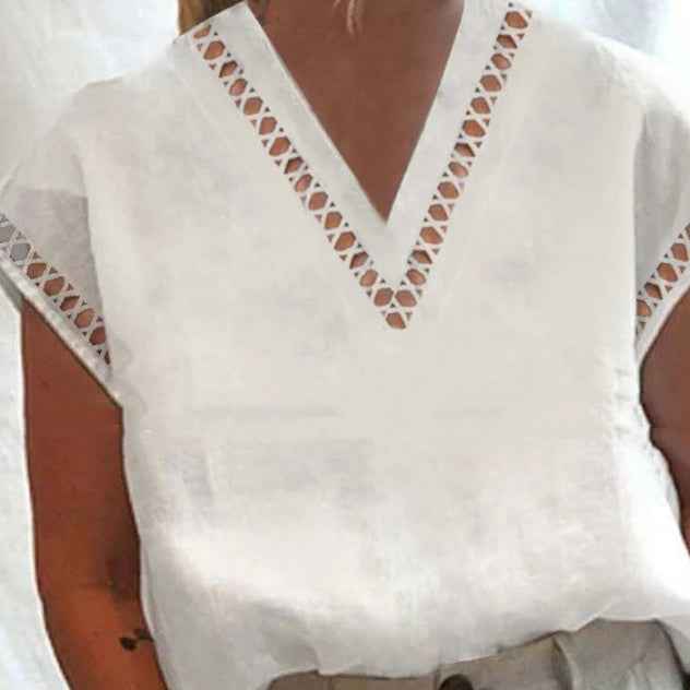 Womens Hollow-Out Cotton-Linen V-Neck Shirt
