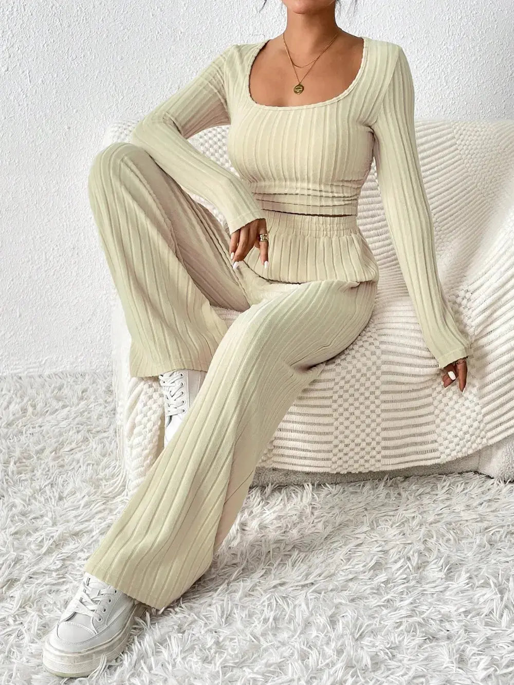 Honey Scoop Neck Long Sleeve Top and Pants Set.
