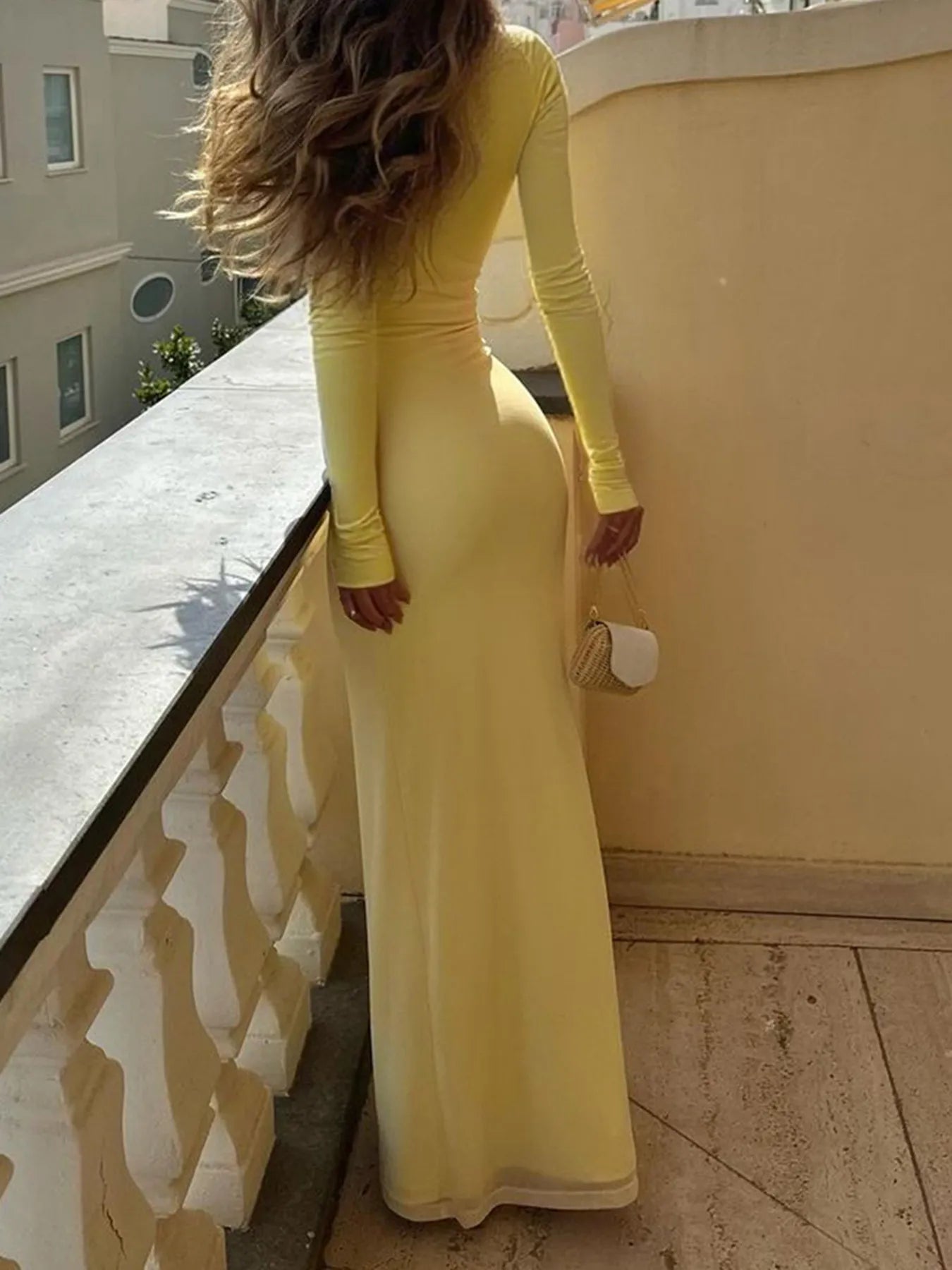 Deep-V Long Sleeve Slim Maxi Dress.