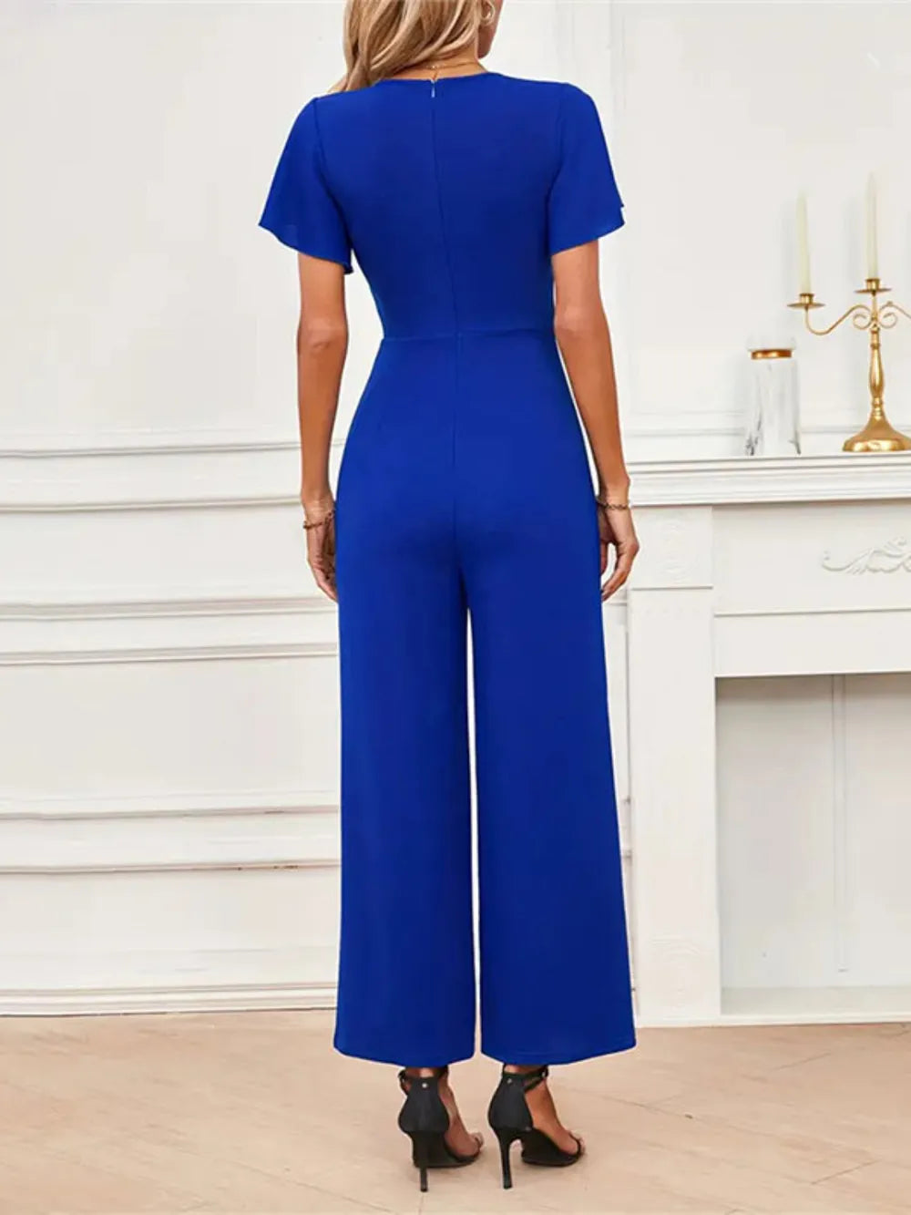 V-Neck Flutter Sleeve Jumpsuit - CHIC TB