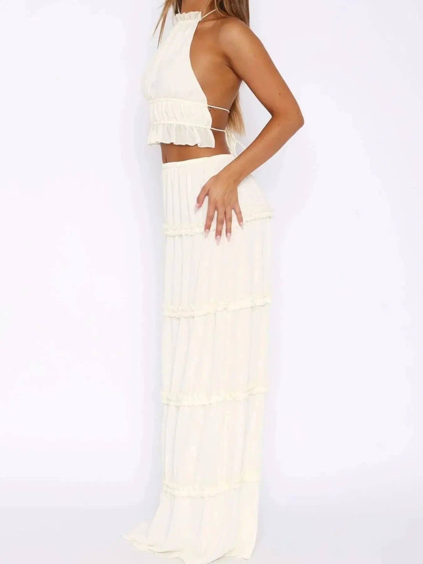 Halter Crop Backless Top and Maxi Skirt Set.