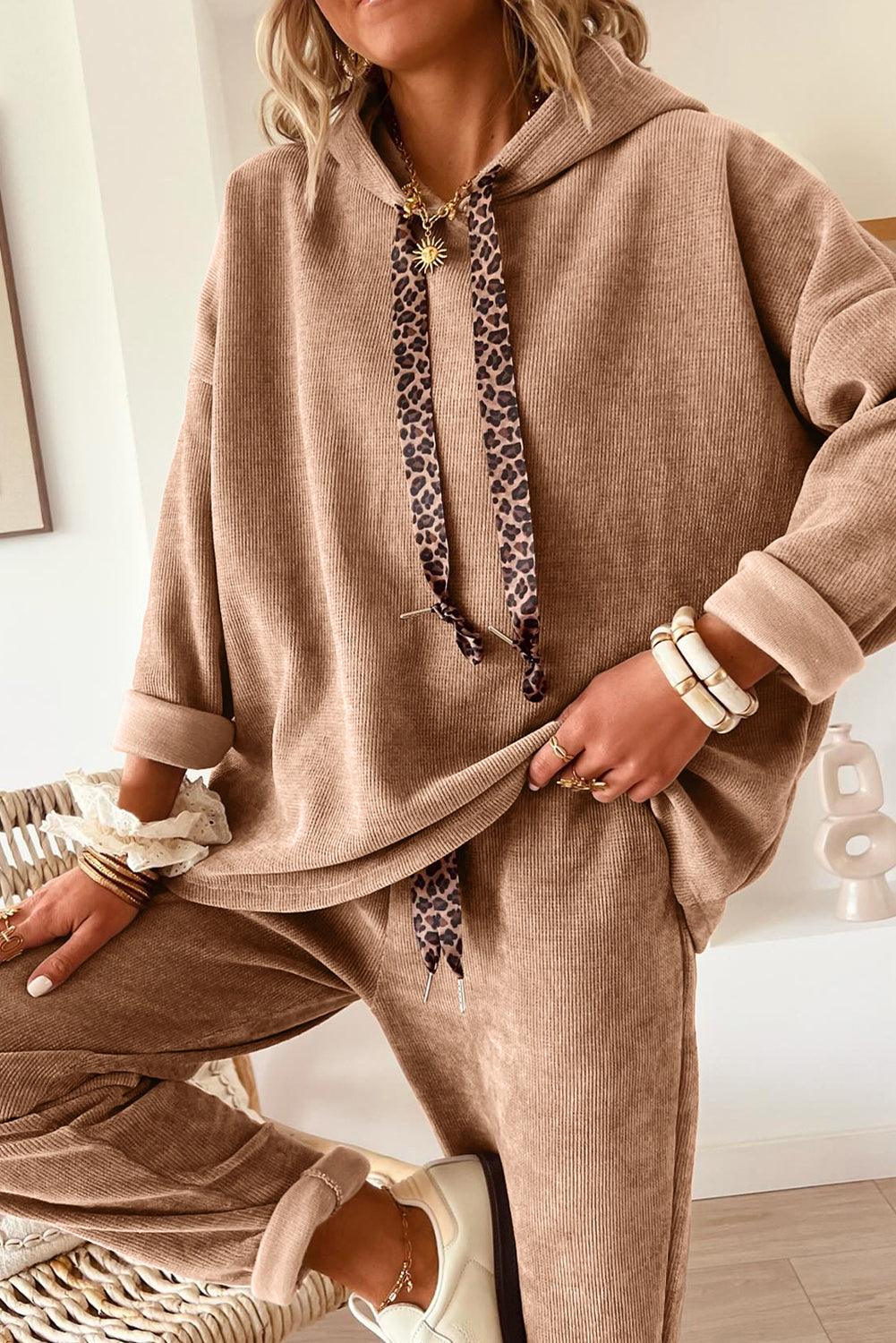 Dark Khaki Leopard Drawstring Pullover Hoodie and High Waist Pants Corduroy Suit Dear-Lover Dropshipping