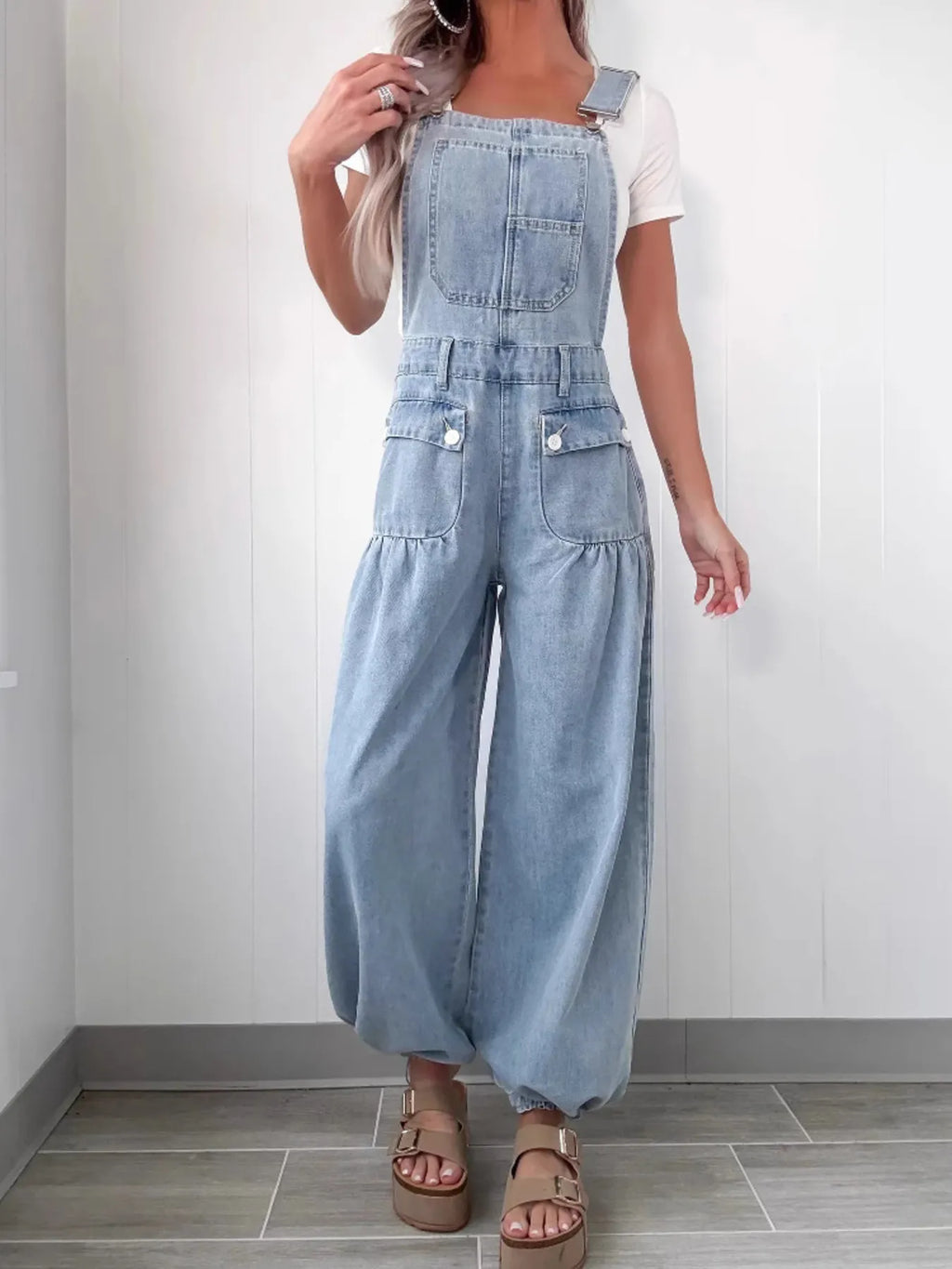 Wide Leg Denim Overalls.