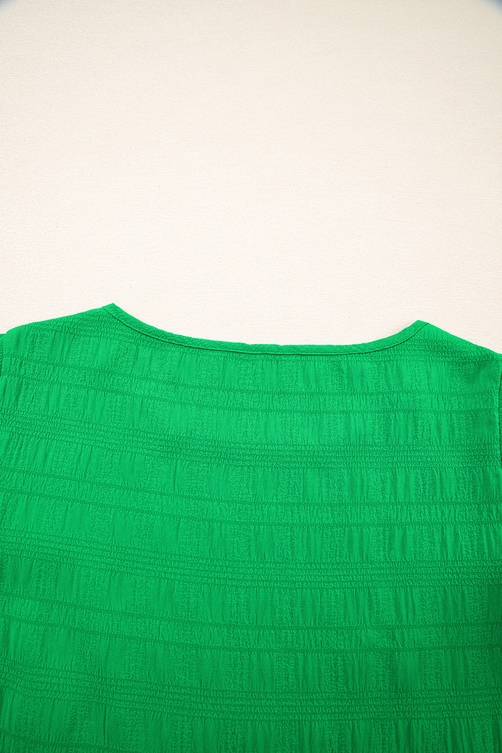 Dark Green Textured Ruffled Sleeve Round Neck Top Dear-Lover Dropshipping