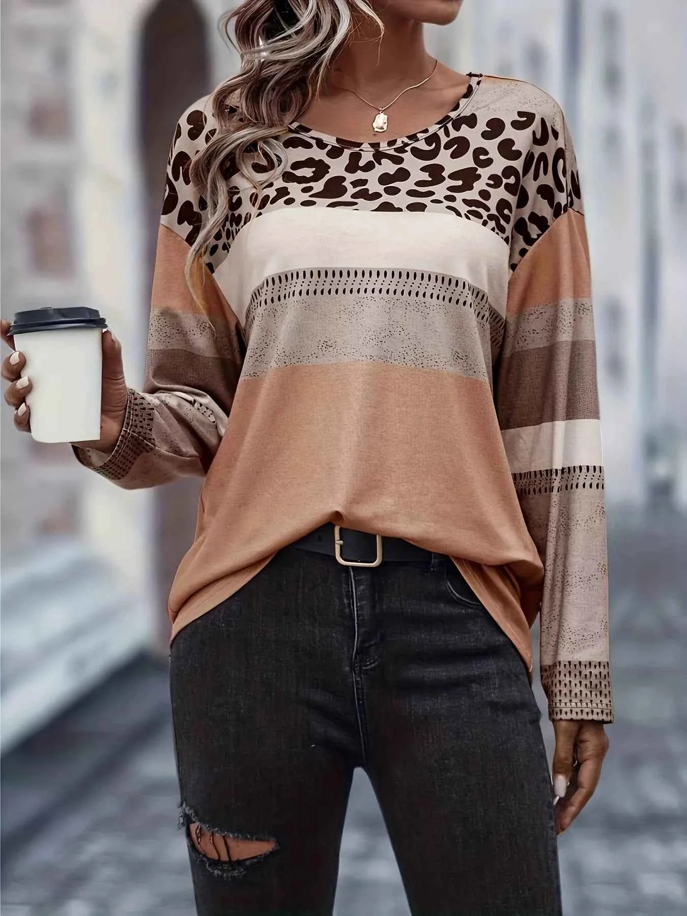 Plus Size Leopard Print Color Block Long Sleeve T-Shirt