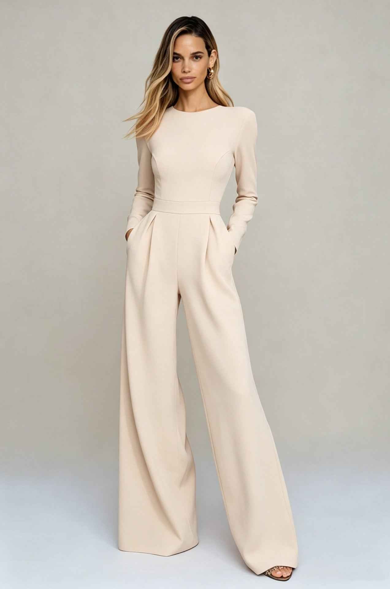 Round-neck Long-sleeved Waist-cinching Jumpsuit For A Chic Professional Look