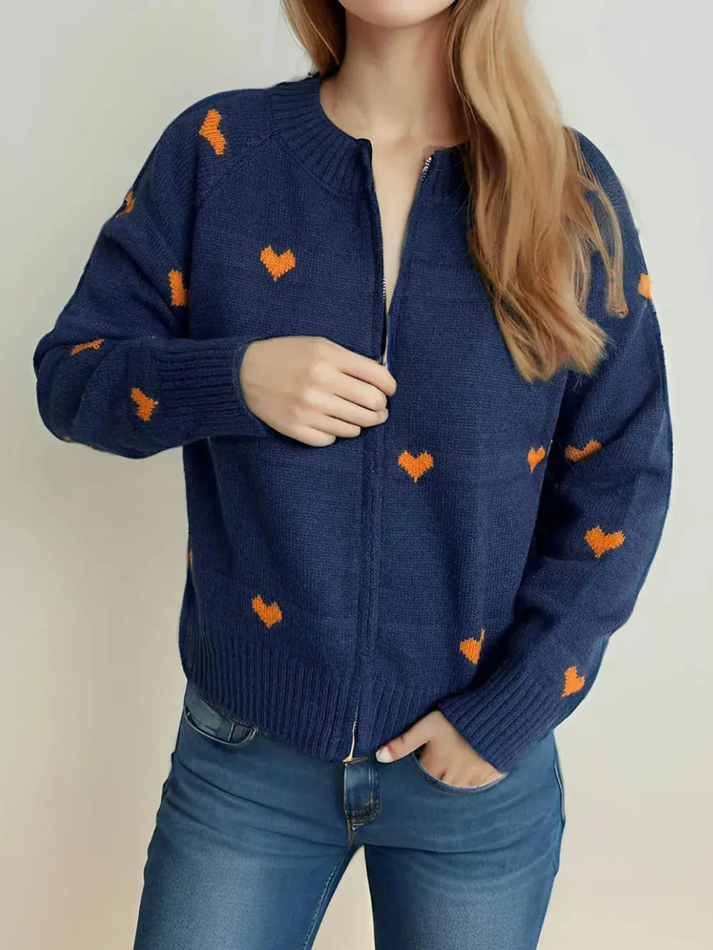 Heart Round Neck Zip Up Cardigan.