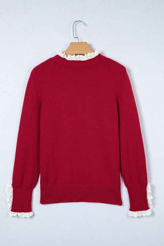 Lace Trim Patchwork Buttoned Cuff Sweater