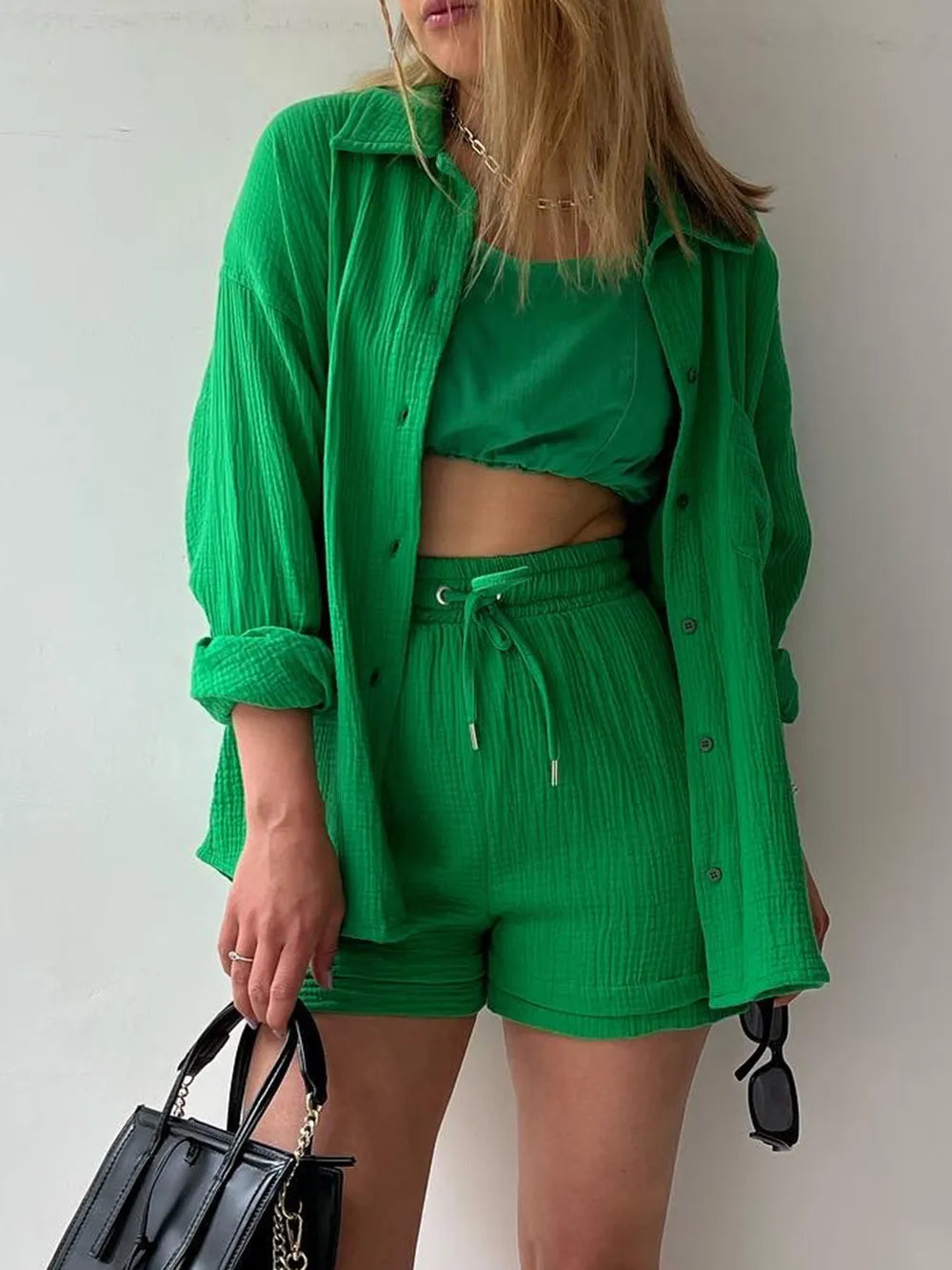 Texture Button Up Shirt and Drawstring Shorts Set - CHIC TB