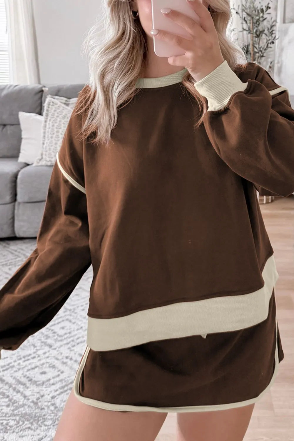 Contrast Trim Round Neck Top and Skort Set.