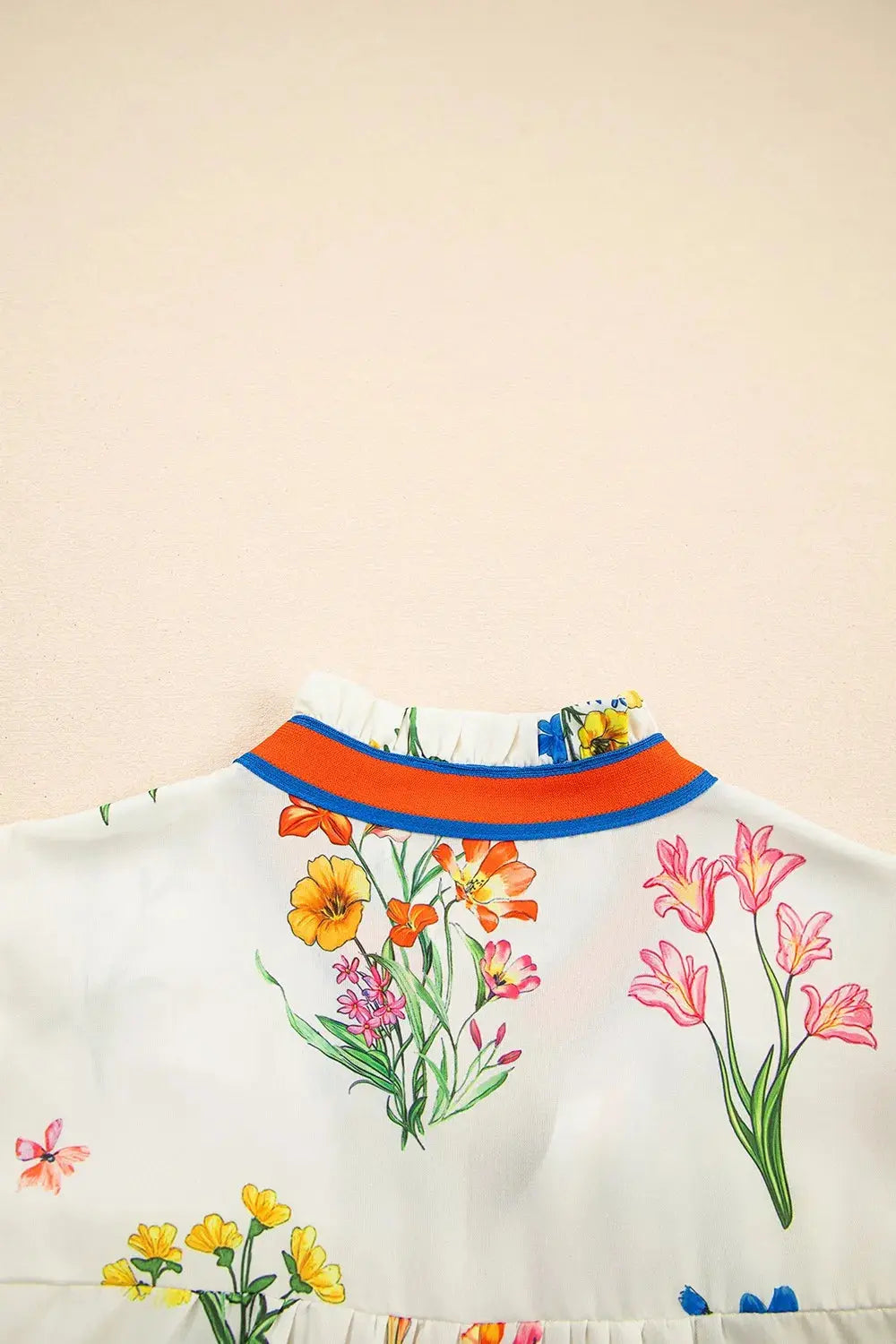 Floral Short Puff Sleeve Notched Blouse.