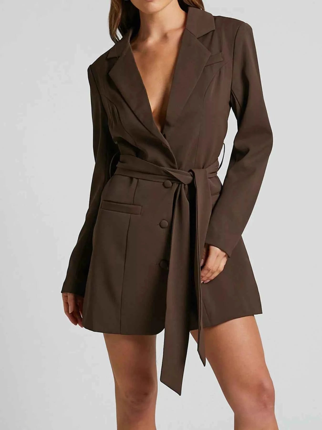 Lapel Collar Tie Waist Blazer