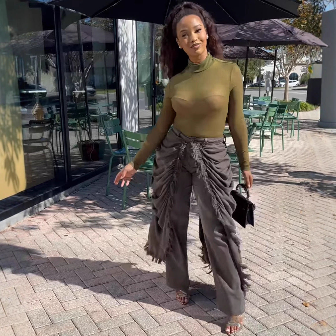 High-Waist Jeans for Women, Fashionable and Unique Pleated Brushed Edge Straight Leg Pants eprolo