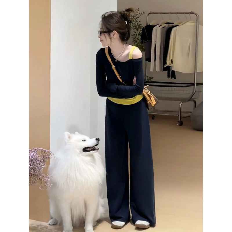 Color Block False Two-Piece  Shoulder T-Shirt for Women, Early  Style Casual Sporty Two-Piece Set