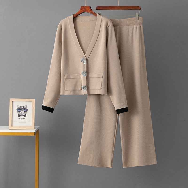 Cardigan suit sweater+slim straight leg pants two-piece set