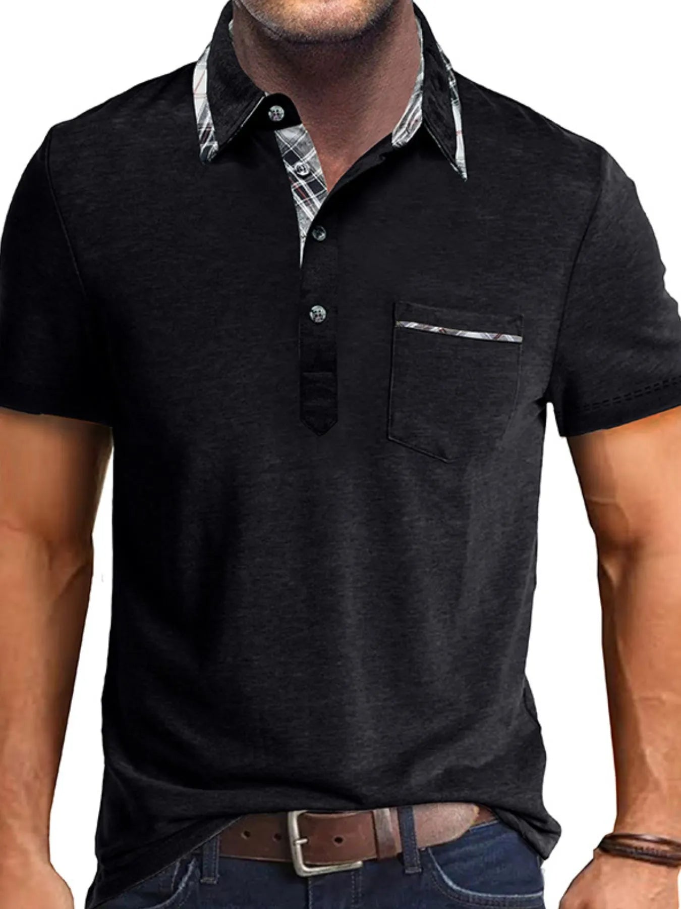 Men's Full Size Classic Plaid Collar Cotton Polo Shirt Plus Size.