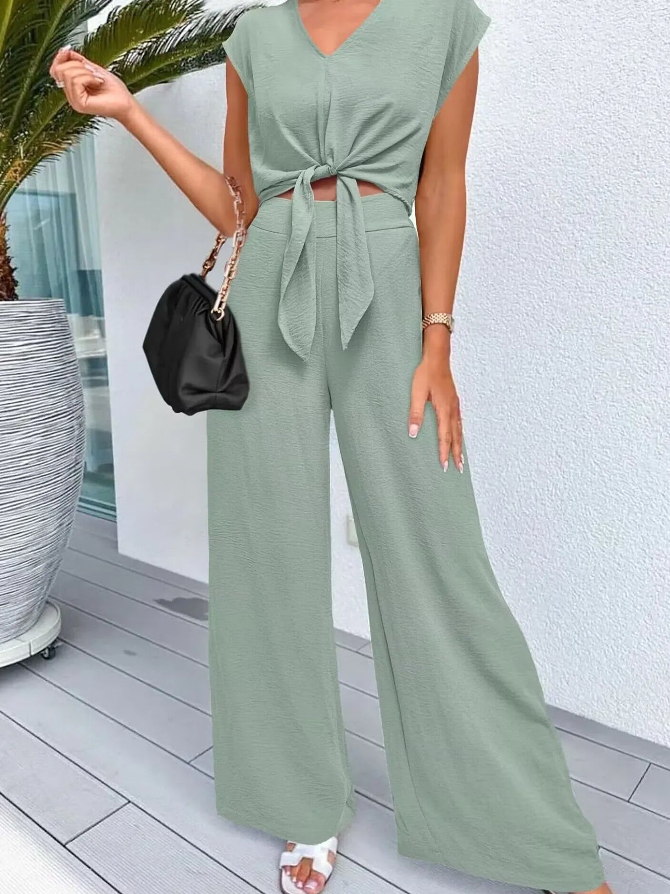 Tie Front Top and Wide Leg Pants Set.