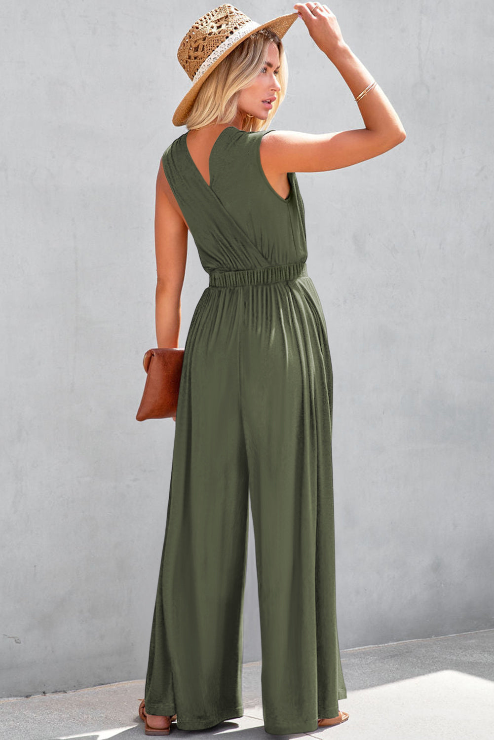 Jungle Green Deep V Pleated Crisscross Wide Leg Backless Jumpsuit Dear-Lover Dropshipping