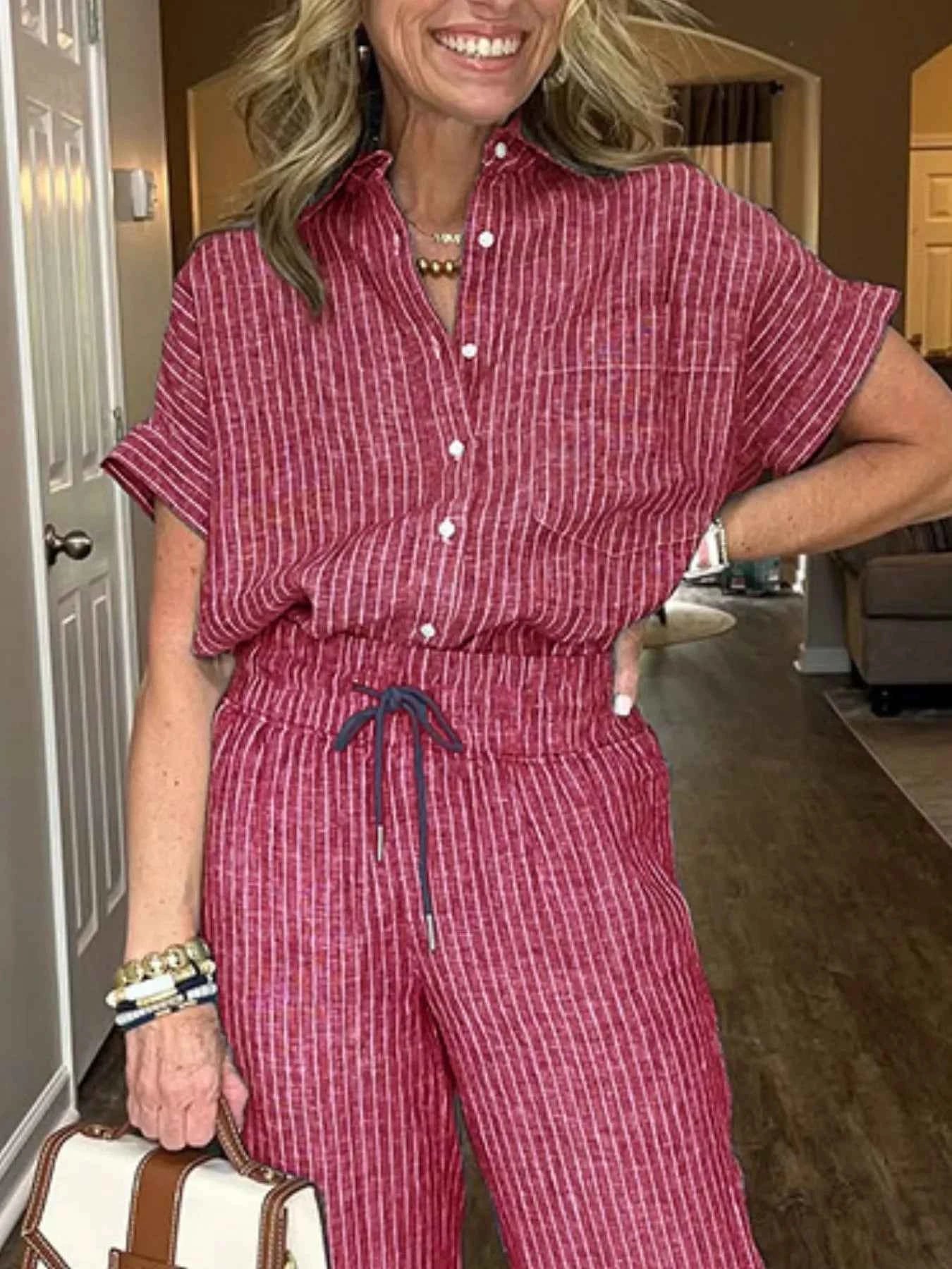 Full Size Striped Button-Up Shirt and Wide Leg Pants Casual Set Plus Size