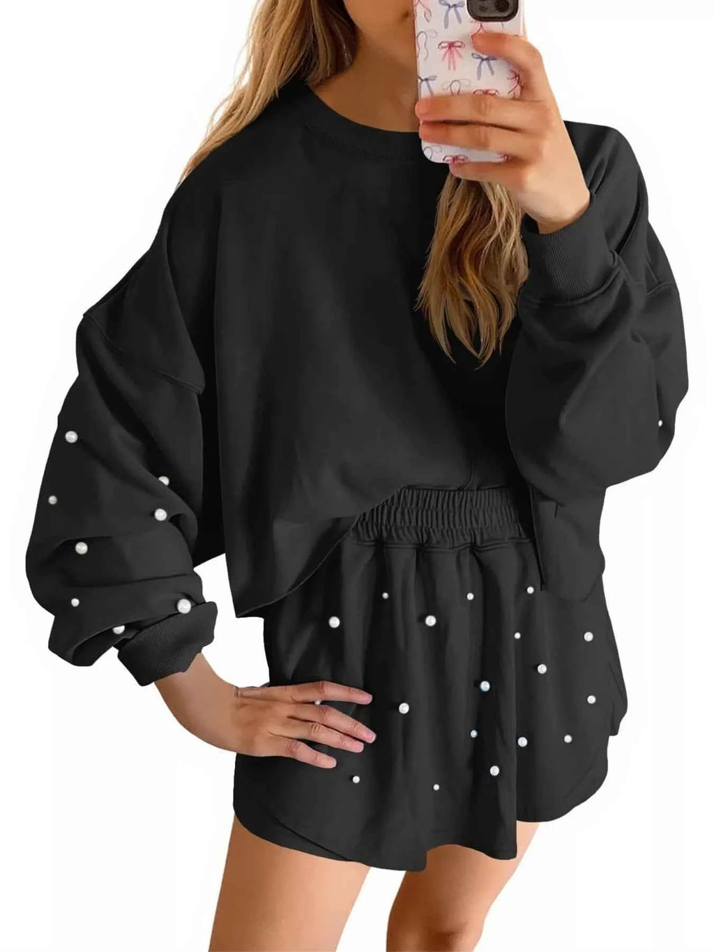 Pearl Embellished Round Neck Top and Skort Set