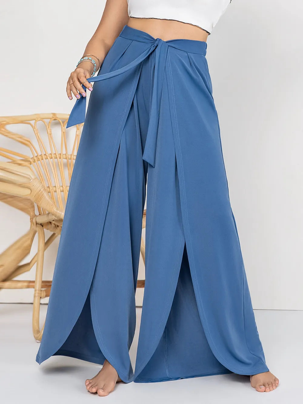 Tied Slit Wide Leg Pants.